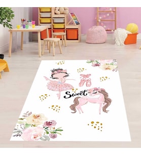 Balerin Prenses Unicorn Desenli Dijital Baskı Yıkanabilir Kaymaz Taban Genç Kız Çocuk Odası Halısı (Beyaz)