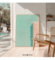 Minimalist Havuz Kenarı Duvar Sanatı, Modern Havuz Evi veya Sahil Apartmanı Stili için Pastel Yazlık Salon Dekoru