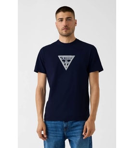 Guess Bisiklet Yaka Kısa Kollu Orta Üçgen HD Baskılı Erkek Lacivert T-shirt M6YI40K4226-G7V2