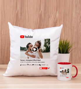 Kişiye Özel Youtube Tasarım Fotoğraflı Kare Yastık ve Kırmızı Kupa
