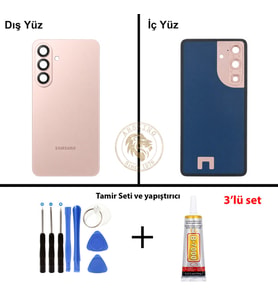 Samsung Galaxy S26 Plus Pembe Renk Lensli Arka Kapak + Tamir Seti + B7000 Yapıştırıcı Arka Cam Batarya Kapağı Pil Kapağı Lazer Kesim Back Cover Galaxy S26 Plus Uyumlu