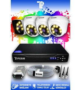 PICAM 4 Kameralı Kare 3 İç Kamera Set HDD'siz Full HD Renkli Gece Görüşlü Güvenlik Kamerası Sistemi