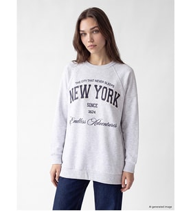 LCW Modest Gri Baskılı Oversize Kadın Sweatshirt Tunik