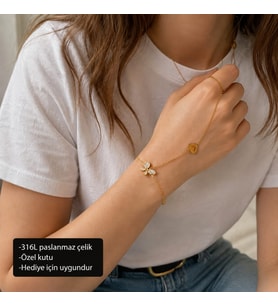 Butterfly Amora Hand Chain Taşlı Kelebek ve Kalp Detaylı Şahmeran Bileklik