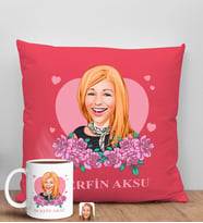 BK Gift Kişiye Özel Karikatürlü Anneler Günü Tasarımlı Kırmızı Kırlent Yastık ve Kupa Seti, Anneye Hediye, Ev Dekorasyonu, Anneler Günü Hediyesi-2