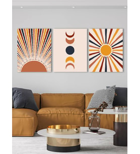 Bohem Stili Kanvas Duvar Tablosu 3'lü Tablo Seti 40x55cm Boho Güneş Ay Canvas (Karışık)