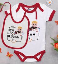 BK Kids Ceo Olucam Tasarımlı Kırmızı Bebek Body Zıbın ve Mama Önlüğü Hediye Seti-1