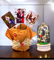 Size Özel 3 Fotoğraflı TURUNCU Saksı ve Led Işıklı Pandalı Fanus Seti