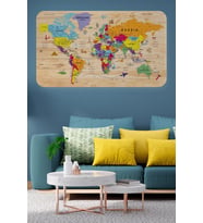Ahşap Görünümlü Eğitici Detaylı Atlası Dünya Haritası Duvar Sticker -60x105-3842