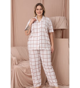 Mirano 4951 Kısa Kollu Süprem Kumaş Kareli Büyük Beden Düğmeli Kadın Pijama Takımı