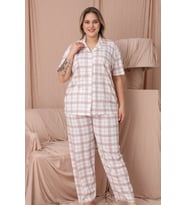Mirano 4951 Kısa Kollu Süprem Kumaş Kareli Büyük Beden Düğmeli Kadın Pijama Takımı