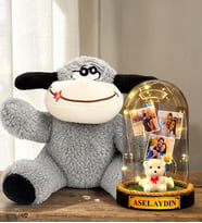 Kişiye Özel 3 Fotoğraflı Yazılı LED Işıklı Fanus ve Peluş Eşek Hediye Seti (beyaz ayıcıklı)