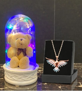 Renkli Led Işıklı Tasarım Fanus ve Renkli Zümrüdü Anka Kuşu Kolye Seti (Model 2)