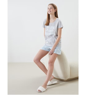 LCW DREAM Mavi Bisiklet Yaka Baskılı Kadın Şortlu Pijama Takımı