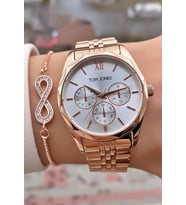 Tom Jones Marka Rose Gold Renk Büyük Kasa Su Geçirmez Kadın Kol Saati - Bileklik Hediyeli