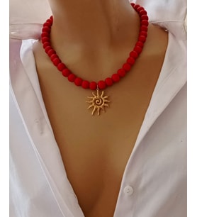 Kırmızı Mat Cam Boncuk Güneş Kolye – 42 cm Çelik Uçlu