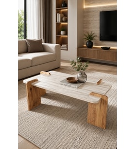 Traverten Geçme Ahşap Ayaklı Modern Orta Sehpa