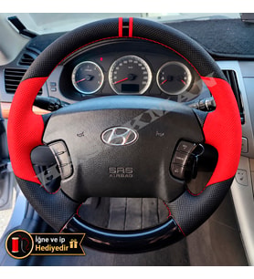 Hyundai Santa Fe Dikme Direksiyon Kılıfı Parlak Siyah Kırmızı Detaylı Kırmızı Çift Yüzük ve Dikiş 2001-2006
