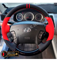 Hyundai Santa Fe Dikme Direksiyon Kılıfı Parlak Siyah Kırmızı Detaylı Kırmızı Çift Yüzük ve Dikiş 2001-2006