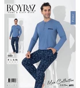LYYN Boyraz 0403 Erkek Uzun Kol Pijama Takımı (Mavi)