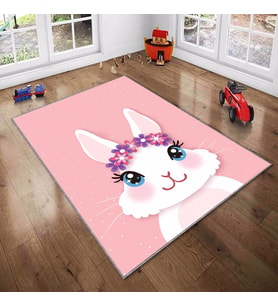 Pembe Tavşan Desenli Yıkanabilir Kaymaz Taban Leke TutmazBebek ve Çocuk Odası Halısı (Beyaz)