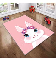 Pembe Tavşan Desenli Yıkanabilir Kaymaz Taban Leke TutmazBebek ve Çocuk Odası Halısı (Beyaz)