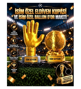 İsime Özel Altın Eldiven Kupası ve İsime Özel Ballon d'Or Maketi Seti Dünya Kupası Anahtarlık Hediyeli