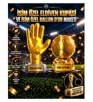 İsime Özel Altın Eldiven Kupası ve İsime Özel Ballon d'Or Maketi Seti Dünya Kupası Anahtarlık Hediyeli