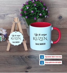 Kuzene Hediye Kupa Bardak Kırmızı ve Ahşap Anahtarlık Hediye (Model 1)