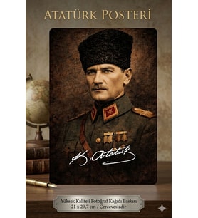 Atatürk Vintage Poster A4 21x29,7 cm (Çerçevesizdir)  İmzalı Dekoratif Ofis Ev Duvar Süsü
