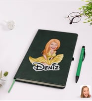 BK Gift Kişiye Özel Marilyn Monroe Karikatürlü Yeşil Termo Deri Defter Kalem Seti Model 1