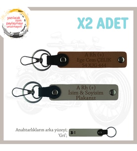 Motor Severlere, İsim Plaka ve A Rh (+) Kan Grubu, Özel Tasarım x2 Anahtarlık Set, Kül Gri-Kahve-Gr