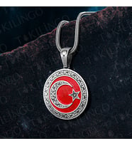 925 Ayar Gümüş Granür İşlemeli Kırmızı Ayyıldız Model Erkek Kolye