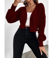 V Yaka Örgü Desenli Triko Crop Bordo Hırka
