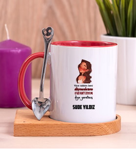 Kişiye Özel Kudurtayım Diye Tasarım Esprili Ahşap Altlıklı Kırmızı Kupa