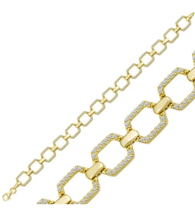 925 Ayar Gümüş Gold Kaplama Kare Taşlı Kadın Bileklik