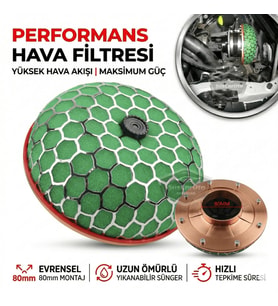 HKS Universal Performans ve Ses Arttırıcı Aparatlı Açık Hava Filtresi +6 Hp Yeşil Mantar Tip 80 mm
