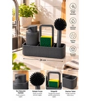 Antrasit Mutfak Lavabo Üstü Organizer Seti 24 cm Deterjanlık Süngerlik Bulaşık Fırçalık Tezgah Düzen