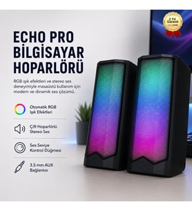 ECHO PRO Bilgisayar Hoparlörü RGB Işıklı Çift Stereo Ses USB Güç ve 3.5 mm AUX Bağlantılı Masaüstü