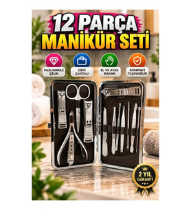 12 Parça Profesyonel El ve Ayak Bakım Seti – Paslanmaz Çelik Manikür Pedikür Seti, Deri Çantalı