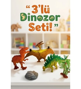 3'lü Gerçekçi Dinozor Figür Seti - Ağaç ve Kaya Aksesuarlı Eğitici Oyuncak Hayvanlar