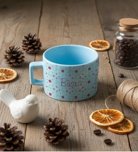Kişiye Özel Çiçek Desenli İsme Özel Lüks Pastel Fincan Doğum Günü Hediyesi (Mavi)