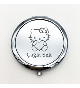 Kişiye Özel İsimli Hello Kitty Baskılı Daire Metal Ayna Çanta, Cep ve Makyaj Aynası (Gümüş)