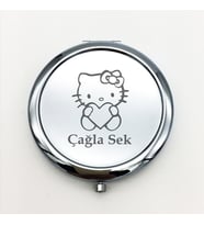 Kişiye Özel İsimli Hello Kitty Baskılı Daire Metal Ayna Çanta, Cep ve Makyaj Aynası (Gümüş)