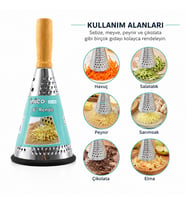 Huni Model Rende - 3 Bölümlü - Paslanmaz Çelik - Ahşap Bambu Saplı - Silikon Taban