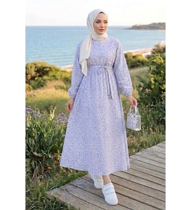 Eyser Desenli Keten Elbise 1716 - Gri