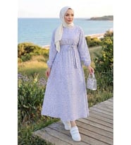 Eyser Desenli Keten Elbise 1716 - Gri
