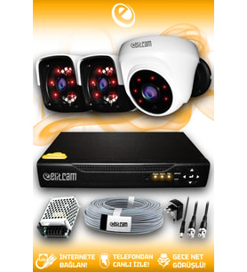 ELITCAM 3 Kameralı Panda 1 İç Kamera Set HDD'siz Full HD Gece Görüşlü Güvenlik Kamerası Sistemi