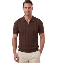 DeepSEA Erkek Fermuarlı Polo Yaka Çizgi Dokulu Siyah Triko Tişört Regular Fit Yumuşak Dokulu 2608007