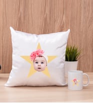 Kişiye Özel Pembe Yıldız Kafa Fotoğraflı Kare Yastık ve Beyaz Kupa
